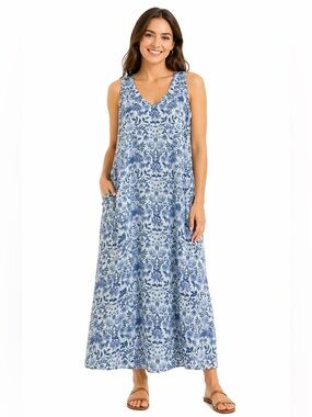 J.Jill Blue Floral Maxi Dress Sleeveless V-Neck Lightweight Summer Boho Flowy
